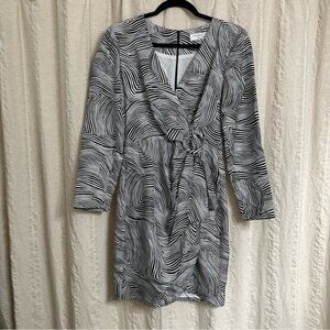 Trina Turk Dress Black White 4 Small Long Sleeve Faux‎ Wrap Career 100% Silk